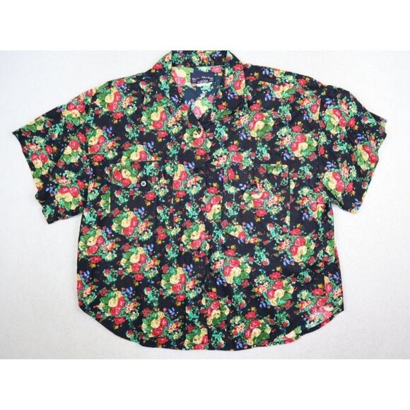 HUNTERS RUN - WOMEN'S BLACK FLORAL PRINT SHORT SLEEVE BUTTON-UP SHIRT - SIZE S - Picture 2 of 7